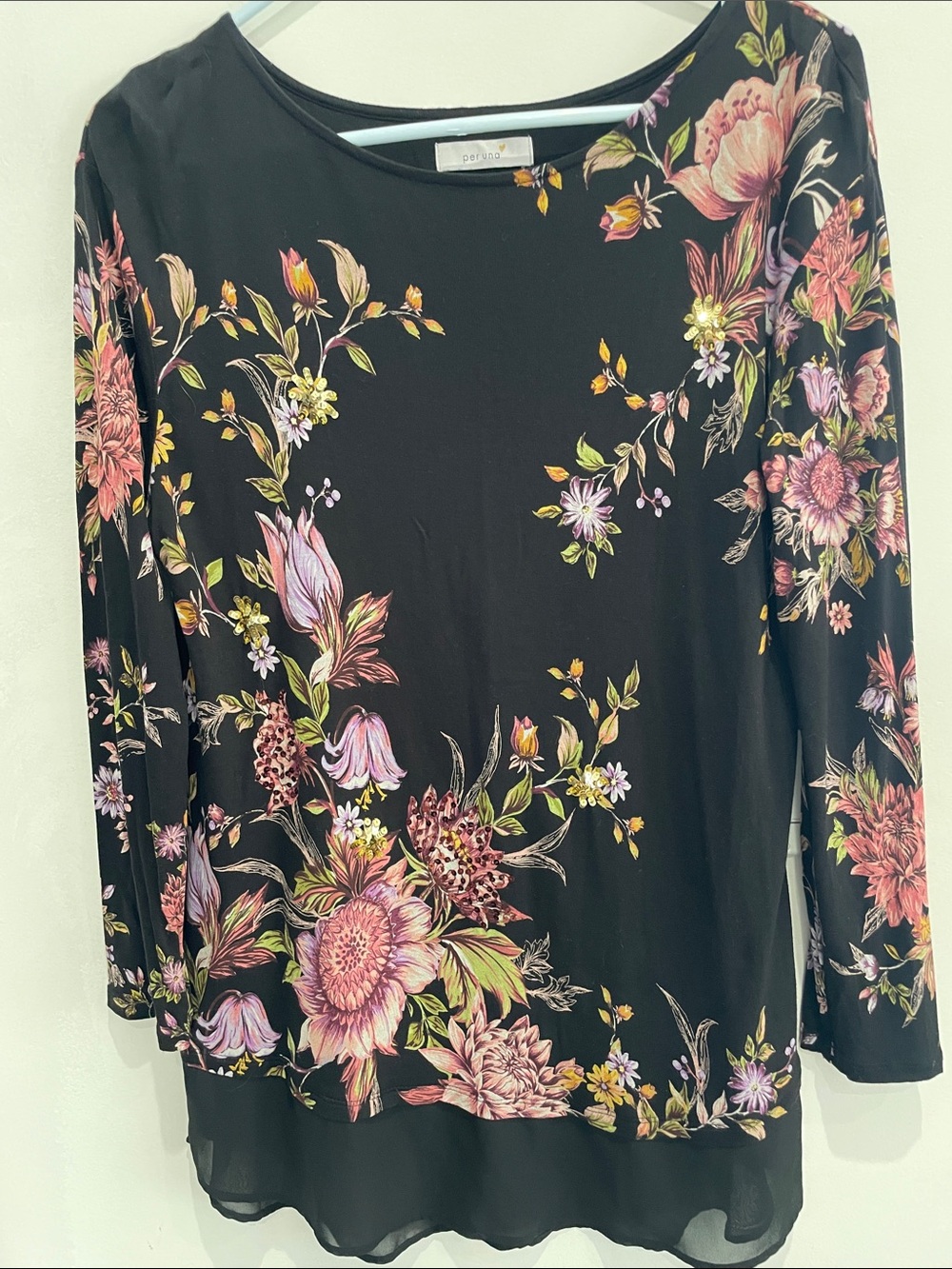 PER UNA Marks Spencer Black Pink Floral Sequin Mesh Hem Tunic Top US 8 M - Picture 7 of 14